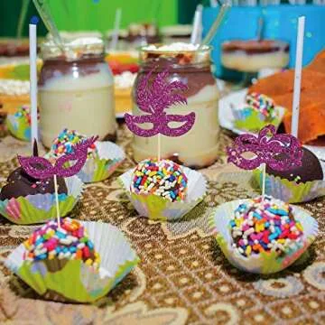 Gyufise 24Pcs Masquerade Masks Cupcake Toppers Purple Glitter Bachelorette Mask Cupcake Topper Mask Cake Picks Decorations for Masquerade Mardi Gras Party Baby Shower Birthday Party Supplies