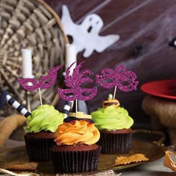 Gyufise 24Pcs Masquerade Masks Cupcake Toppers Purple Glitter Bachelorette Mask Cupcake Topper Mask Cake Picks Decorations for Masquerade Mardi Gras Party Baby Shower Birthday Party Supplies