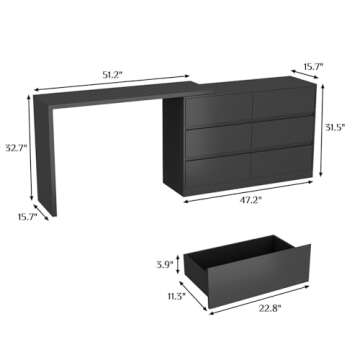 MOUMON Vanity Desk with 6 Drawers Dressing Desk, L-Shaped & Rotating Design, Makeup Desk Office Desk for Bedroom Black (51.2”W x 47.2”D x 32.7”H)