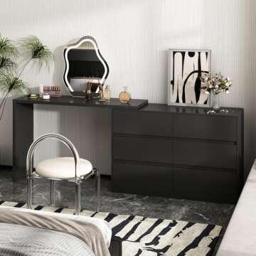 MOUMON Vanity Desk with 6 Drawers Dressing Desk, L-Shaped & Rotating Design, Makeup Desk Office Desk for Bedroom Black (51.2”W x 47.2”D x 32.7”H)