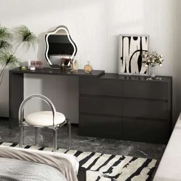 MOUMON Vanity Desk with 6 Drawers Dressing Desk, L-Shaped & Rotating Design, Makeup Desk Office Desk for Bedroom Black (51.2”W x 47.2”D x 32.7”H)