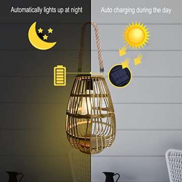 pearlstar Outdoor Solar Lanterns Light Rattan Natural Lantern with Handle for Hanging or Table Lamp ...