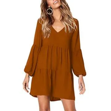 Amoretu Womens Long Sleeve Tunic Dress Tiered Swing Shift Dresses, Spring, Summer, 2025 (Brown, L)