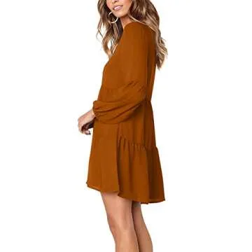 Amoretu Womens Long Sleeve Tunic Dress Tiered Swing Shift Dresses, Spring, Summer, 2025 (Brown, L)