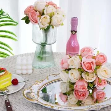 CEWOR 24 Heads Artificial Rose Flowers Bouquet Silk Flower Roses with Stems Home Bridal Wedding Party Festival Decor (2 Packs Champagne and Pink)