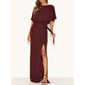 Happy Sailed Formal Dresses for Women Wedding Guest Batwing Sleeve Tie Waist Long Evening Gown Elegant Cocktail Party Dress Red Small