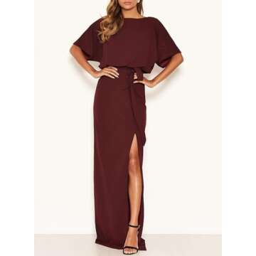 Happy Sailed Formal Dresses for Women Wedding Guest Batwing Sleeve Tie Waist Long Evening Gown Elegant Cocktail Party Dress Red Small