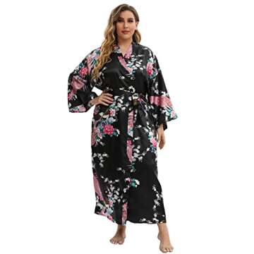 feslieacc Women's Long Robes Plus Size Long Satin Robes Black Floral Long Silk Robes Dressing Gown, ...