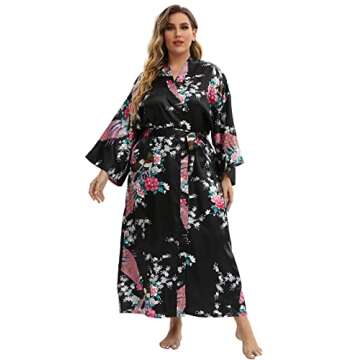 feslieacc Women's Long Robes Plus Size Long Satin Robes Black Floral Long Silk Robes Dressing Gown, Black, 2XL/3XL