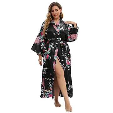 feslieacc Women's Long Robes Plus Size Long Satin Robes Black Floral Long Silk Robes Dressing Gown, Black, 2XL/3XL