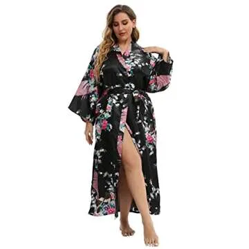 feslieacc Women's Long Robes Plus Size Long Satin Robes Black Floral Long Silk Robes Dressing Gown, Black, 2XL/3XL