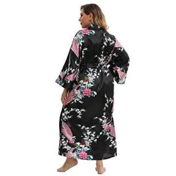 feslieacc Women's Long Robes Plus Size Long Satin Robes Black Floral Long Silk Robes Dressing Gown, Black, 2XL/3XL