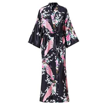 feslieacc Women's Long Robes Plus Size Long Satin Robes Black Floral Long Silk Robes Dressing Gown, Black, 2XL/3XL
