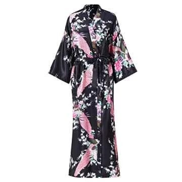 feslieacc Women's Long Robes Plus Size Long Satin Robes Black Floral Long Silk Robes Dressing Gown, Black, 2XL/3XL