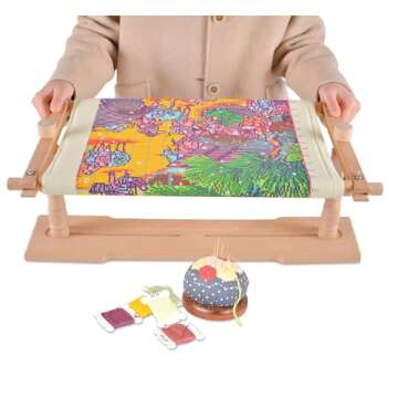 Rotated Table Embroidery Frame Stand - Adjustable Cross Stitch Scroll Frame, Beech Wood Quilting Fra...