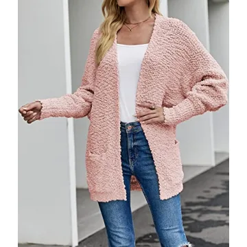 MEROKEETY Women's 2024 Winter Fuzzy Popcorn Batwing Sleeve Cardigan Knit Oversized Sherpa Sweater Coat, Pink, Small