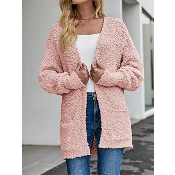 MEROKEETY Women's 2024 Winter Fuzzy Popcorn Batwing Sleeve Cardigan Knit Oversized Sherpa Sweater Coat, Pink, Small