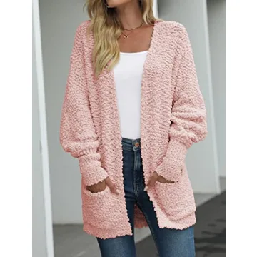 MEROKEETY Women's 2024 Winter Fuzzy Popcorn Batwing Sleeve Cardigan Knit Oversized Sherpa Sweater Coat, Pink, Small