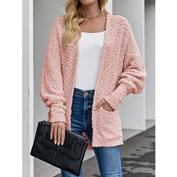 MEROKEETY Women's 2024 Winter Fuzzy Popcorn Batwing Sleeve Cardigan Knit Oversized Sherpa Sweater Coat, Pink, Small