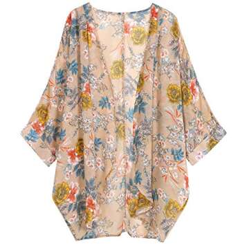 olrain Women's Floral Print Sheer Chiffon 3/4 Bat Sleeve Casual Loose Kimono Cardigan Capes (Small, ...
