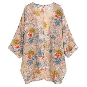 olrain Women's Floral Print Sheer Chiffon 3/4 Bat Sleeve Casual Loose Kimono Cardigan Capes (Small, Khaki Floral)