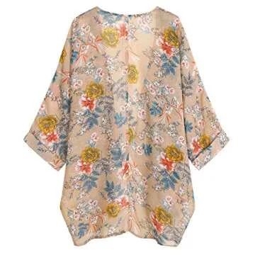 olrain Women's Floral Print Sheer Chiffon 3/4 Bat Sleeve Casual Loose Kimono Cardigan Capes (Small, Khaki Floral)