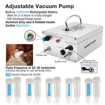 Hantop 12L Cow Milking Machine, Rechargeable Battery Powered Speed Adjustable Pulsating Vacuum Pump,...