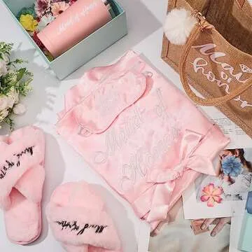 Handepo 5 Pcs Bridal Wedding Gifts Bridal Bridesmaids Robe Sets with Sleeping Eye Mask Slippers Party Tumbler Tote Gifts (Maid of Honor)