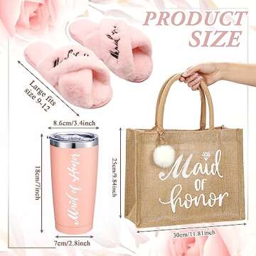 Handepo 5 Pcs Bridal Wedding Gifts Bridal Bridesmaids Robe Sets with Sleeping Eye Mask Slippers Party Tumbler Tote Gifts (Maid of Honor)