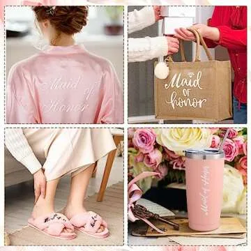 Handepo 5 Pcs Bridal Wedding Gifts Bridal Bridesmaids Robe Sets with Sleeping Eye Mask Slippers Party Tumbler Tote Gifts (Maid of Honor)