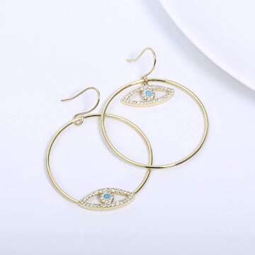 14K Gold Plated Evil Eye Earrings Gold Dangle Earrings for Women Asymmetrical Trendy Drop Earrings