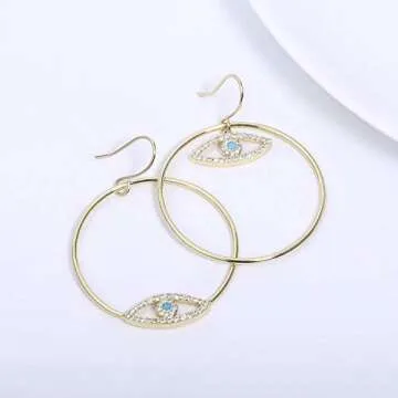 14K Gold Plated Evil Eye Earrings Gold Dangle Earrings for Women Asymmetrical Trendy Drop Earrings