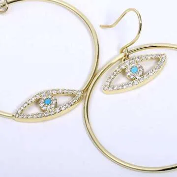 14K Gold Plated Evil Eye Earrings Gold Dangle Earrings for Women Asymmetrical Trendy Drop Earrings