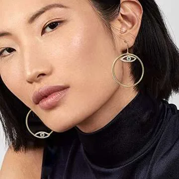 14K Gold Plated Evil Eye Earrings Gold Dangle Earrings for Women Asymmetrical Trendy Drop Earrings