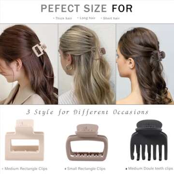 12 Pack Medium hair clips for Women,3 Assortment Size Small Matte Rubber Coating Rectangle Hair Claw Clips for Women Thin Fine Short hair,Strong Hold jaw clips