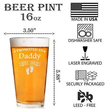 CARVELITA Promoted To Daddy Est 2023 Beer Glass - 16oz Engraved Beer Pint, Gifts For New Dad, New Da...