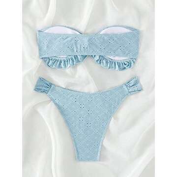 WDIRARA Women's Ruffle Knot Front Bandeau Bikini Set 2 Piece Strapless Swimsuit Dusty Blue XL