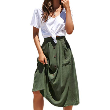 Meyeeka Women High Waist Flared Midi Skirt with Pockets