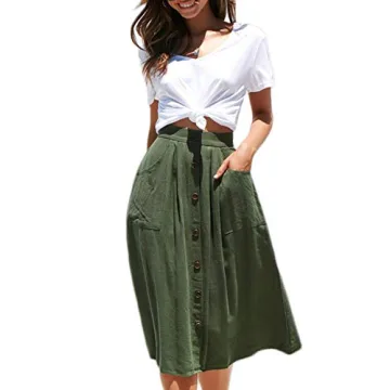 Meyeeka Women High Waist Flared Midi Skirt with Pockets