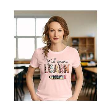 Teacher Shirts for Women Y'all Gonna Learn Today Shirt Preschool Teacher Shirts Kindergarten Short Sleeve Tee Tops Pink