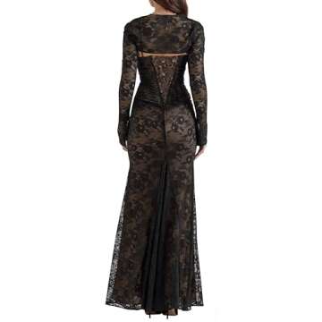 Women Vintage Cream Lace Maxi Dress Romantic Long Sleevees Lace Bodycon Dress Black S