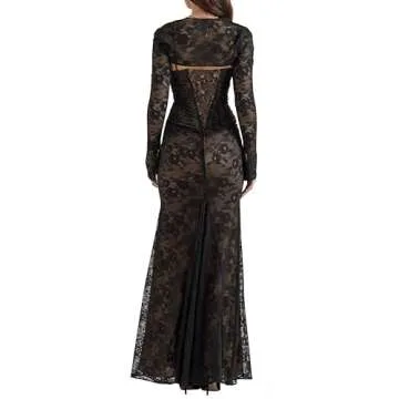 Women Vintage Cream Lace Maxi Dress Romantic Long Sleevees Lace Bodycon Dress Black S