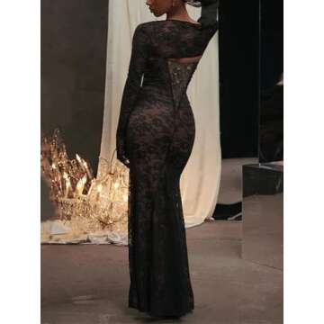 Women Vintage Cream Lace Maxi Dress Romantic Long Sleevees Lace Bodycon Dress Black S