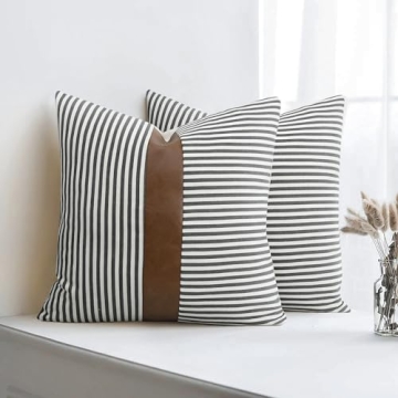 cygnus Farmhouse Decoration Pillow Covers 18x18 inch Set of 2 Modern Faux Leather and Ticking Stripe...