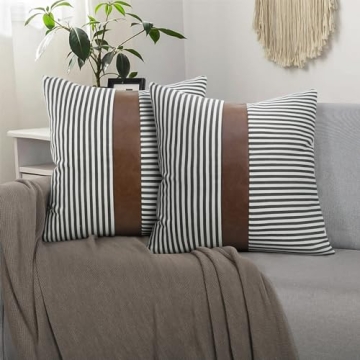 cygnus Farmhouse Decoration Pillow Covers 18x18 inch Set of 2 Modern Faux Leather and Ticking Stripe Pillowcase Boho for Couch Sofa Indoor Decor,Gray