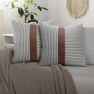 cygnus Farmhouse Decoration Pillow Covers 18x18 inch Set of 2 Modern Faux Leather and Ticking Stripe Pillowcase Boho for Couch Sofa Indoor Decor,Gray
