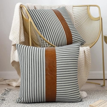 cygnus Farmhouse Decoration Pillow Covers 18x18 inch Set of 2 Modern Faux Leather and Ticking Stripe Pillowcase Boho for Couch Sofa Indoor Decor,Gray
