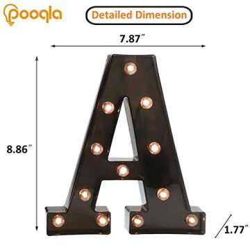 Pooqla Light Up LED Letter Marquee Sign - Alphabet Marquee Letters with Lights for Wedding Birthday Party Christmas Night Light Lamp Home Bar Decoration A, Black