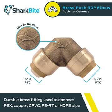 SharkBite 1/2 Inch 90 Degree Elbow, Push to Connect Brass Fitting, PEX Pipe, Copper, CPVC, PE-RT, HDPE, U248LFA