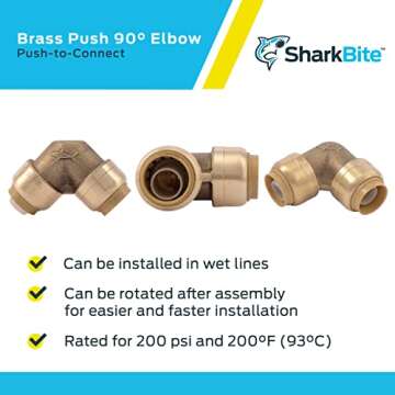 SharkBite 1/2 Inch 90 Degree Elbow, Push to Connect Brass Fitting, PEX Pipe, Copper, CPVC, PE-RT, HDPE, U248LFA